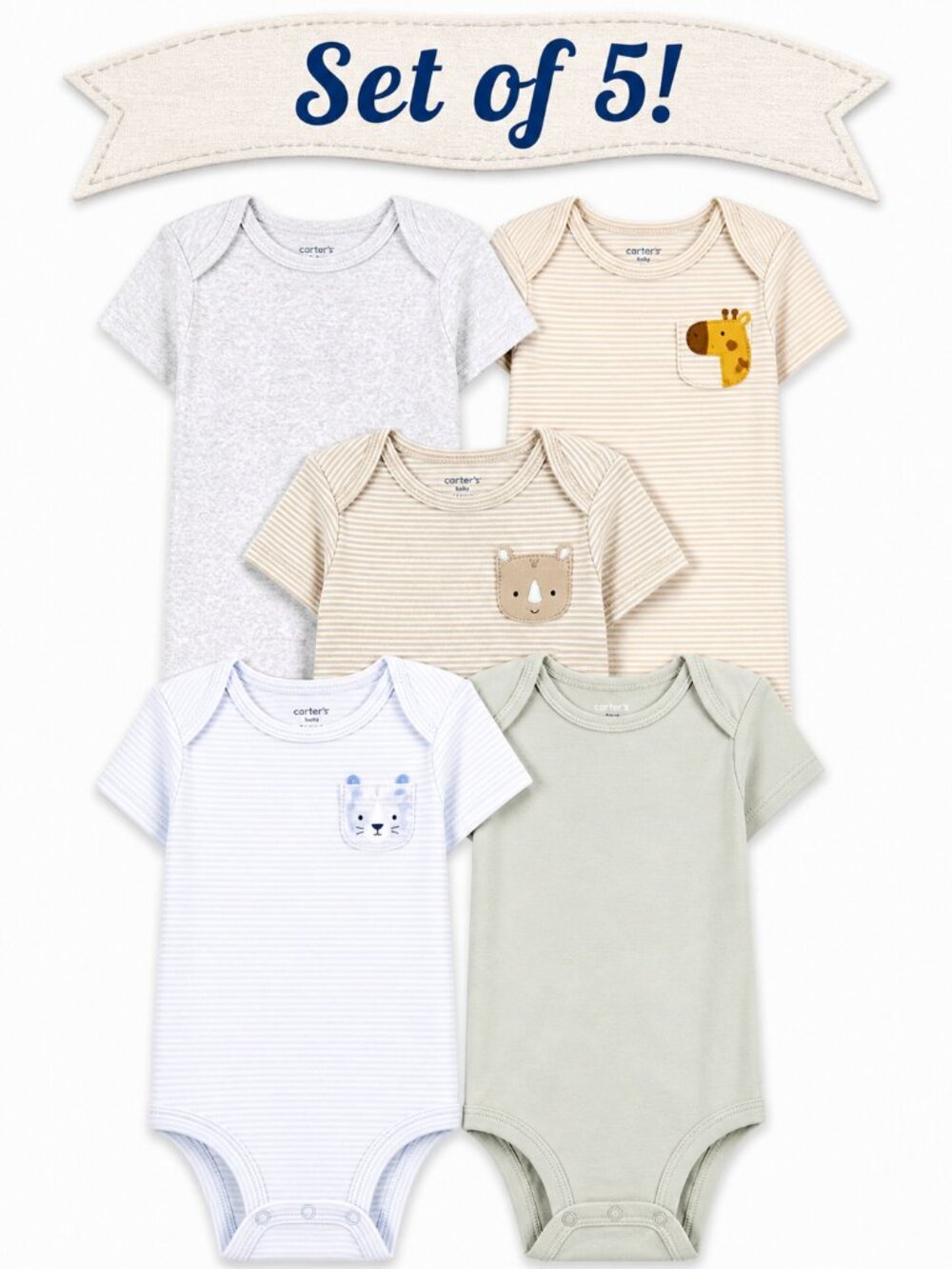 NWT Baby Boy Set of 5 Animal Onesies Bodysuits Neutral Colors Short Sleeve